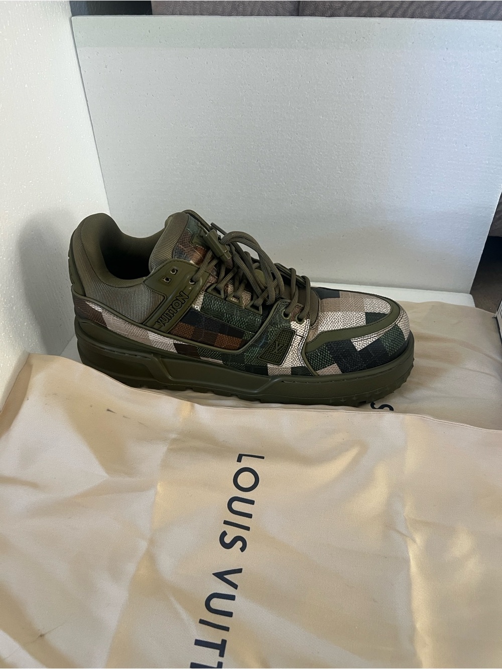 Louis Vuitton Men's Olive Green & Beige Camouflage Low-Top Sneakers - Picture 9 of 9